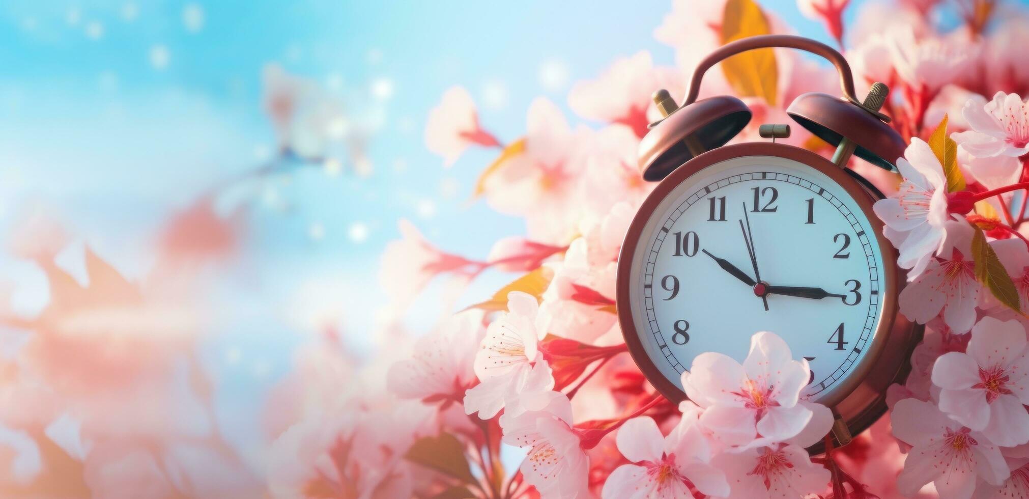 AI generated an alarm clock next to a blossoming cherry tree on a wooden deck photo