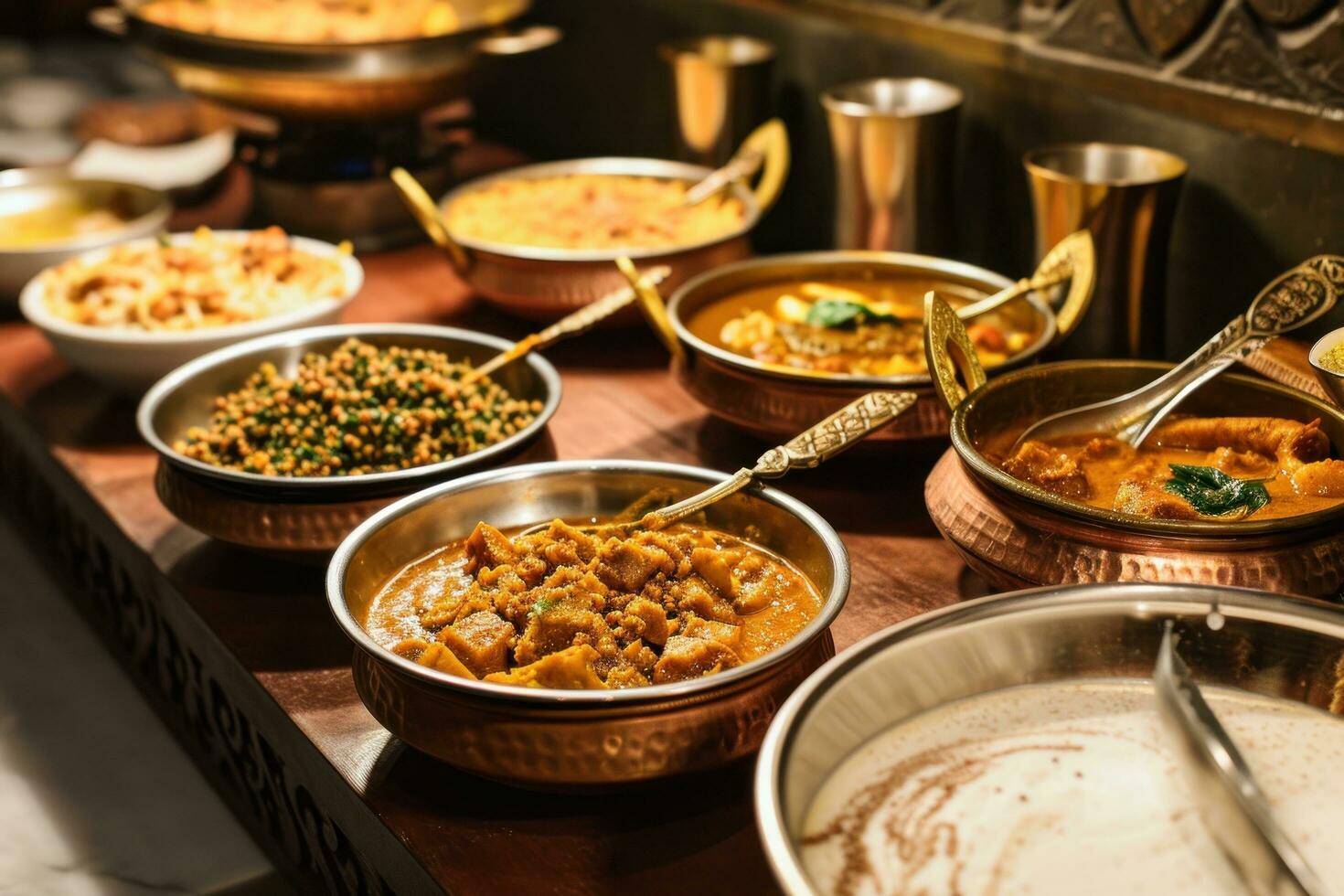 AI generated several dishes of indian cuisine in copper bowls on wooden photo
