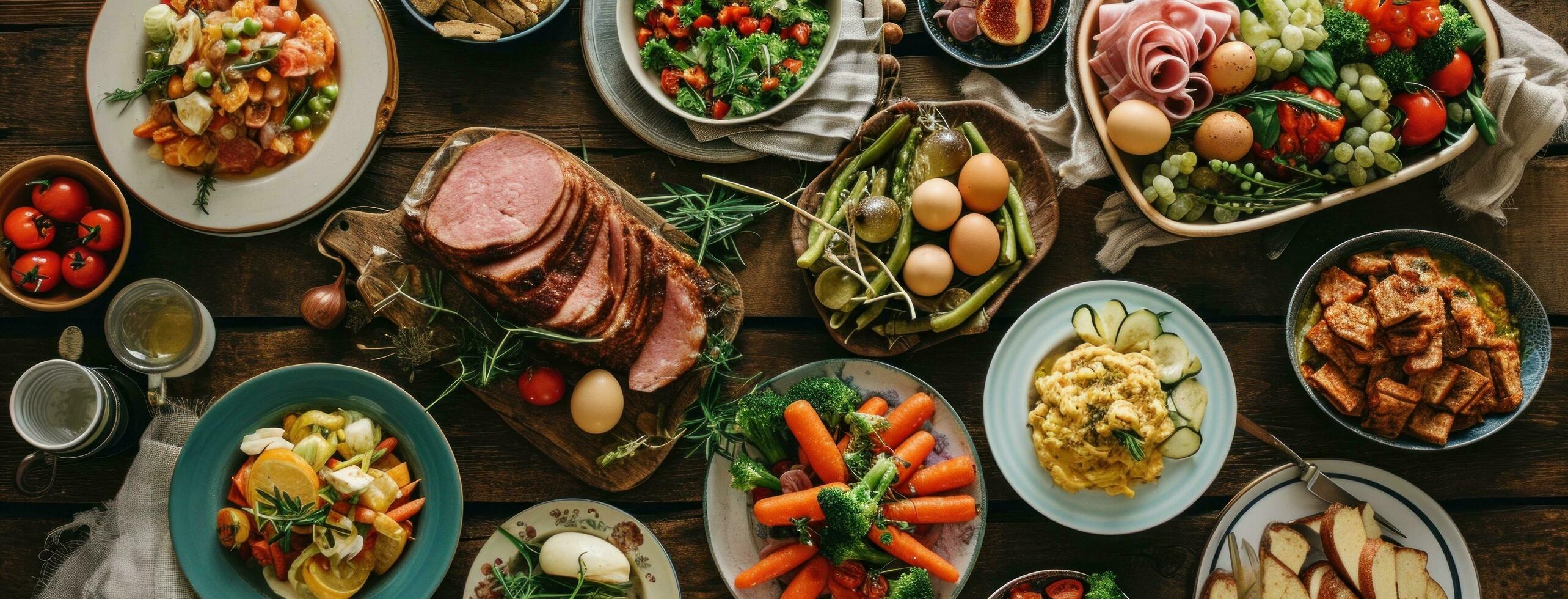 AI generated many plates of easter eggs, carrots, ham photo