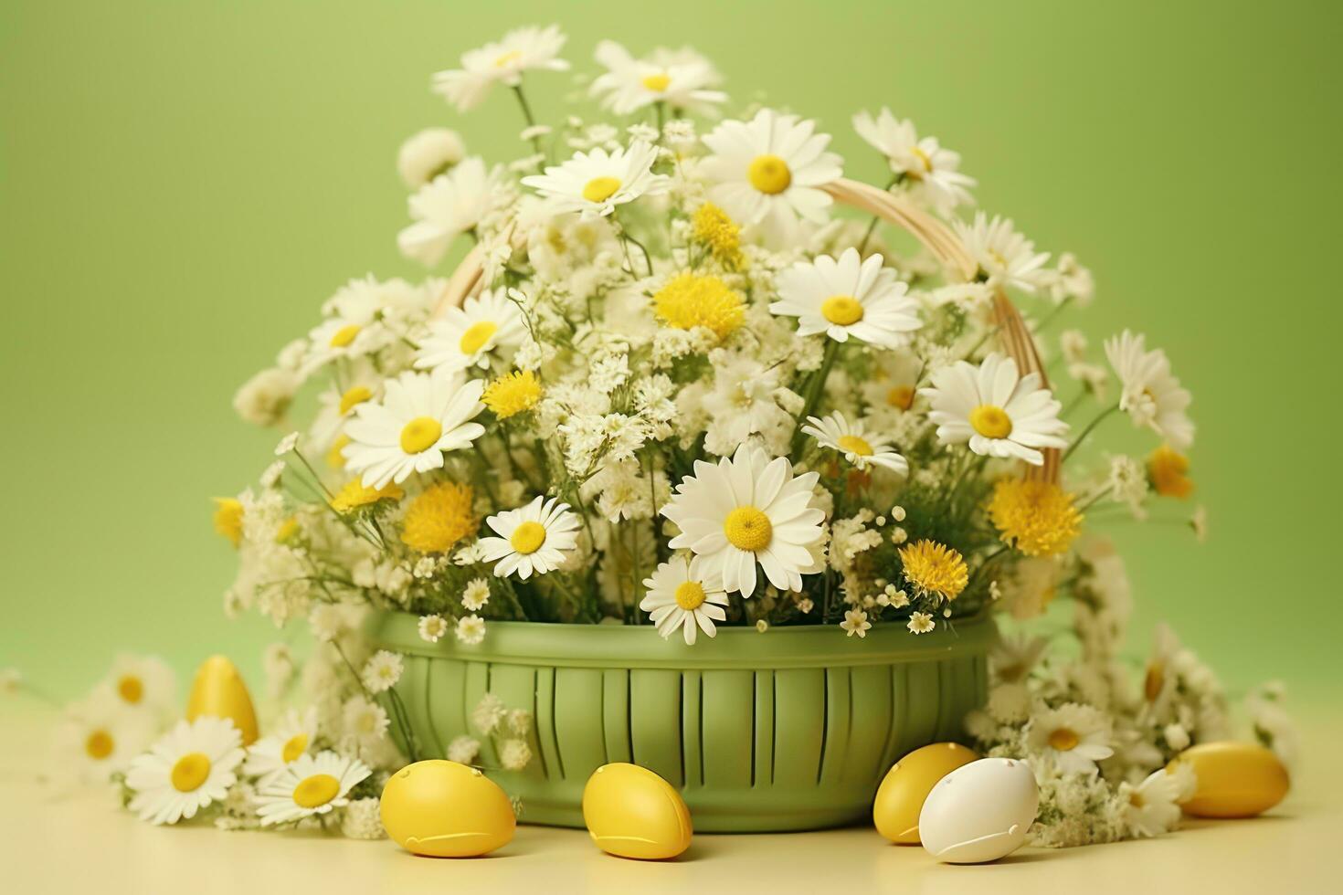 AI generated the basket with eggs and flowers with flowers is decorated photo