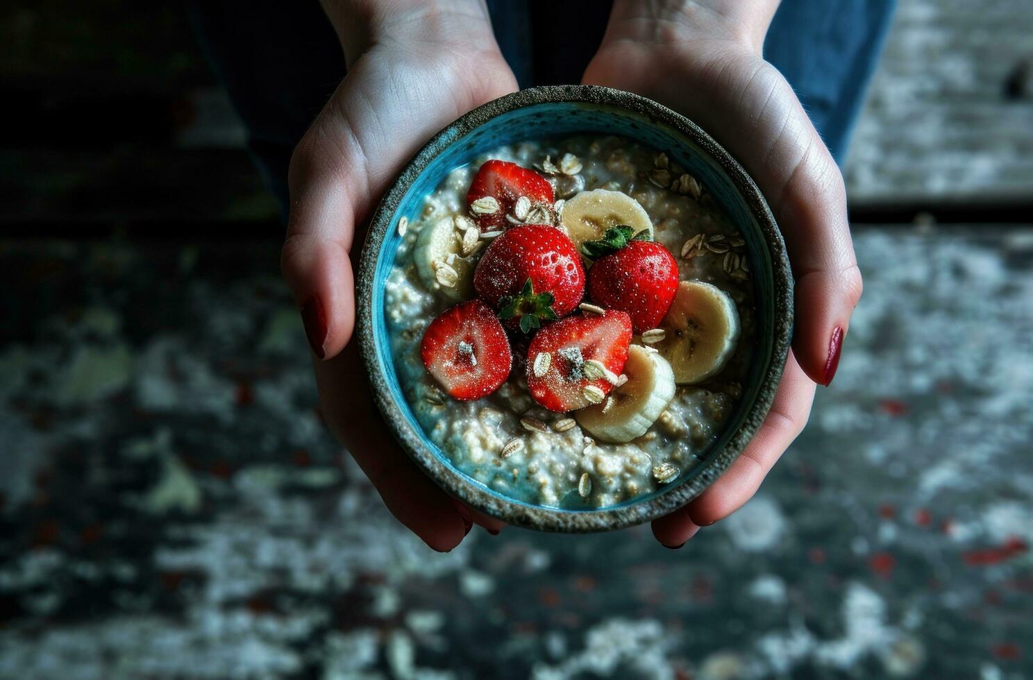 AI generated people holding a bowl of oatmeal with strawberries and bananas photo