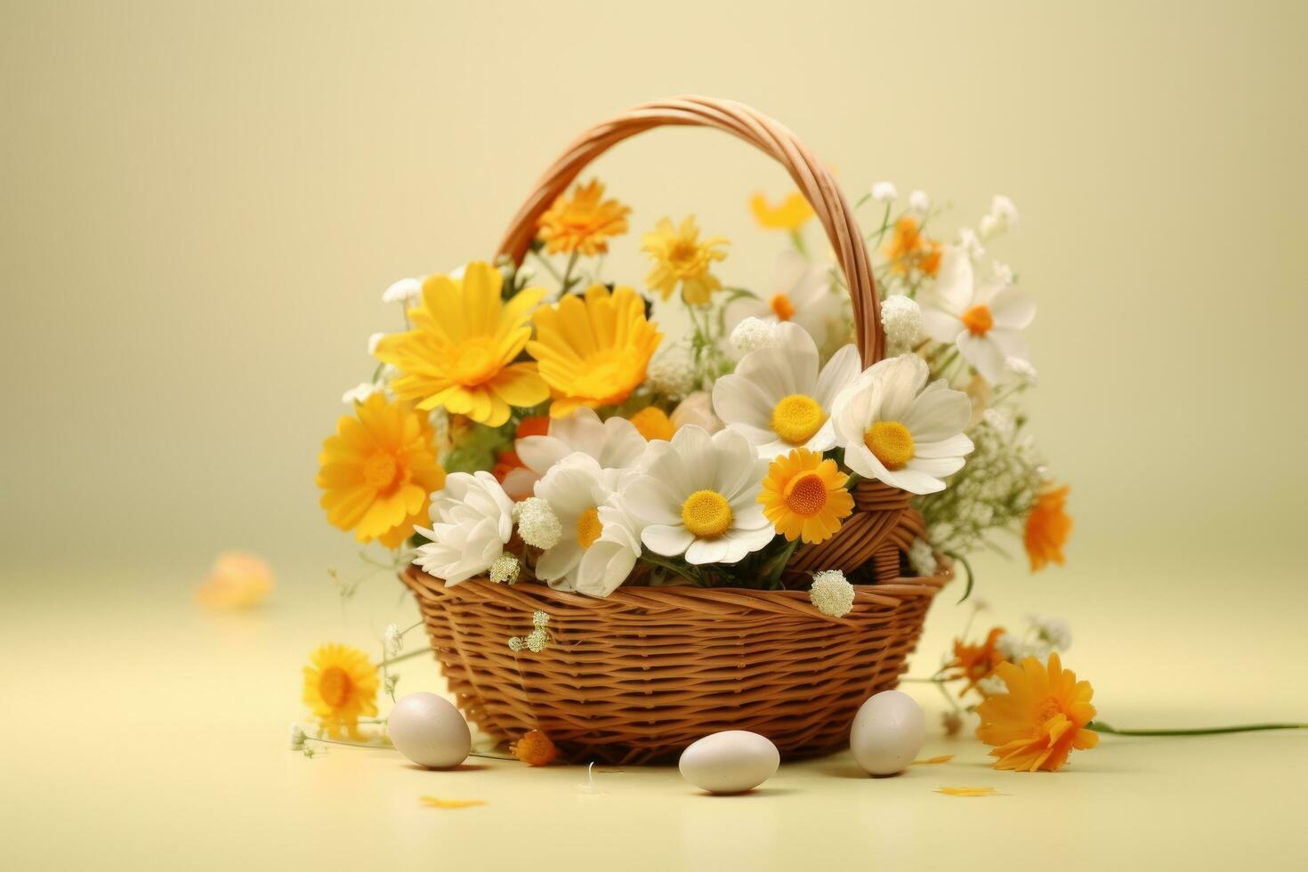 AI generated the basket with eggs and flowers with flowers is decorated photo