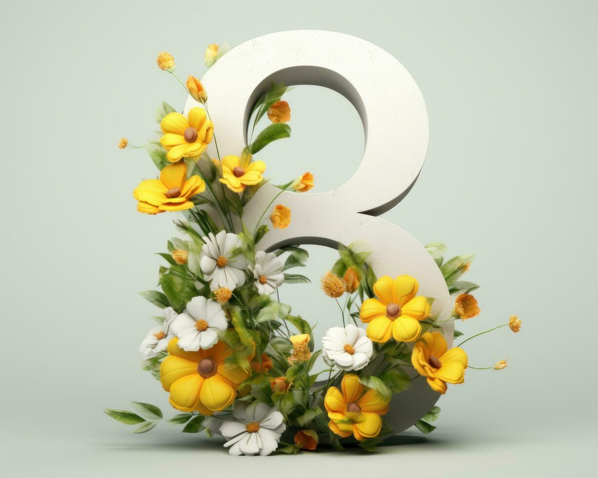 AI generated number 8 in white with yellow flowers photo