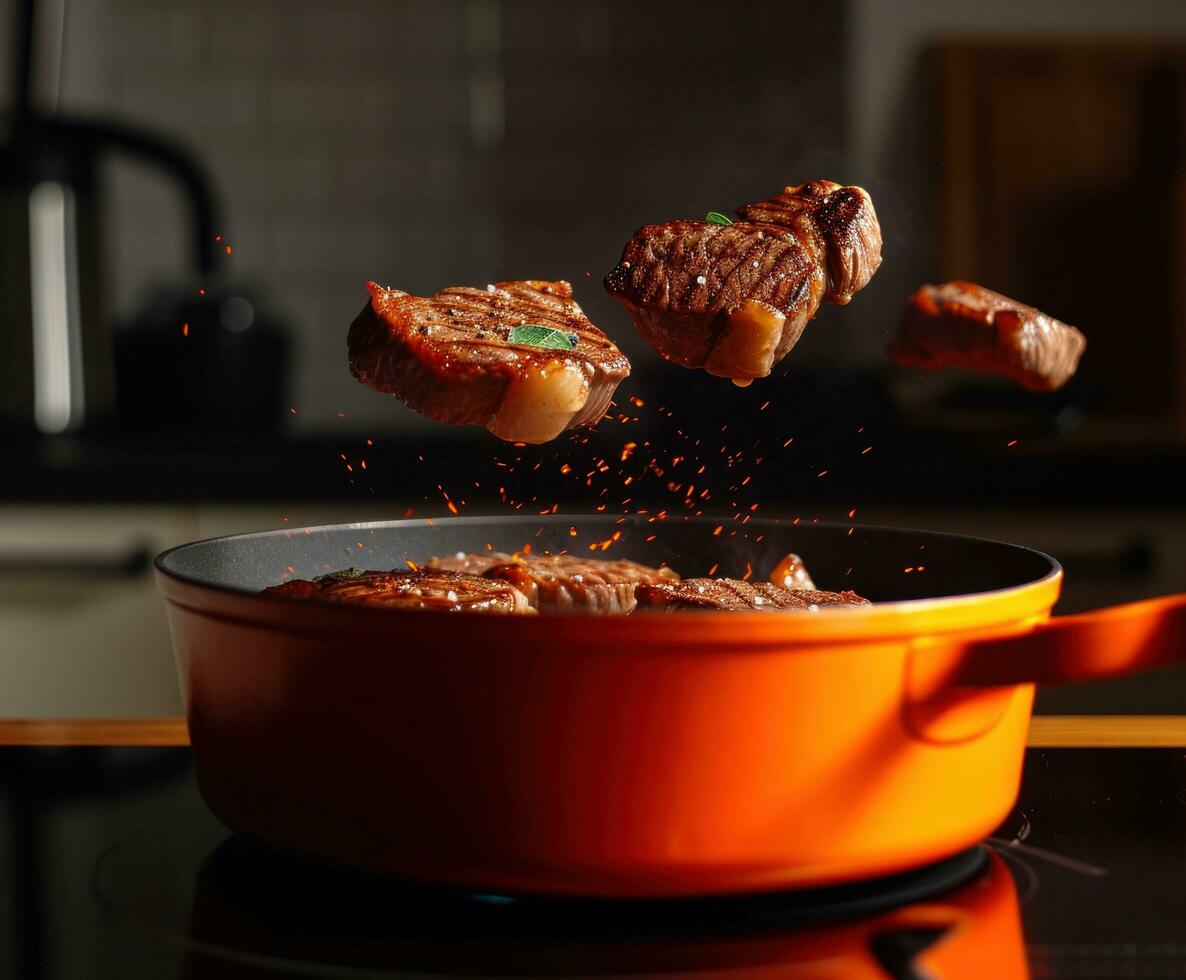 AI generated steaks are flying into an orange frying pot photo