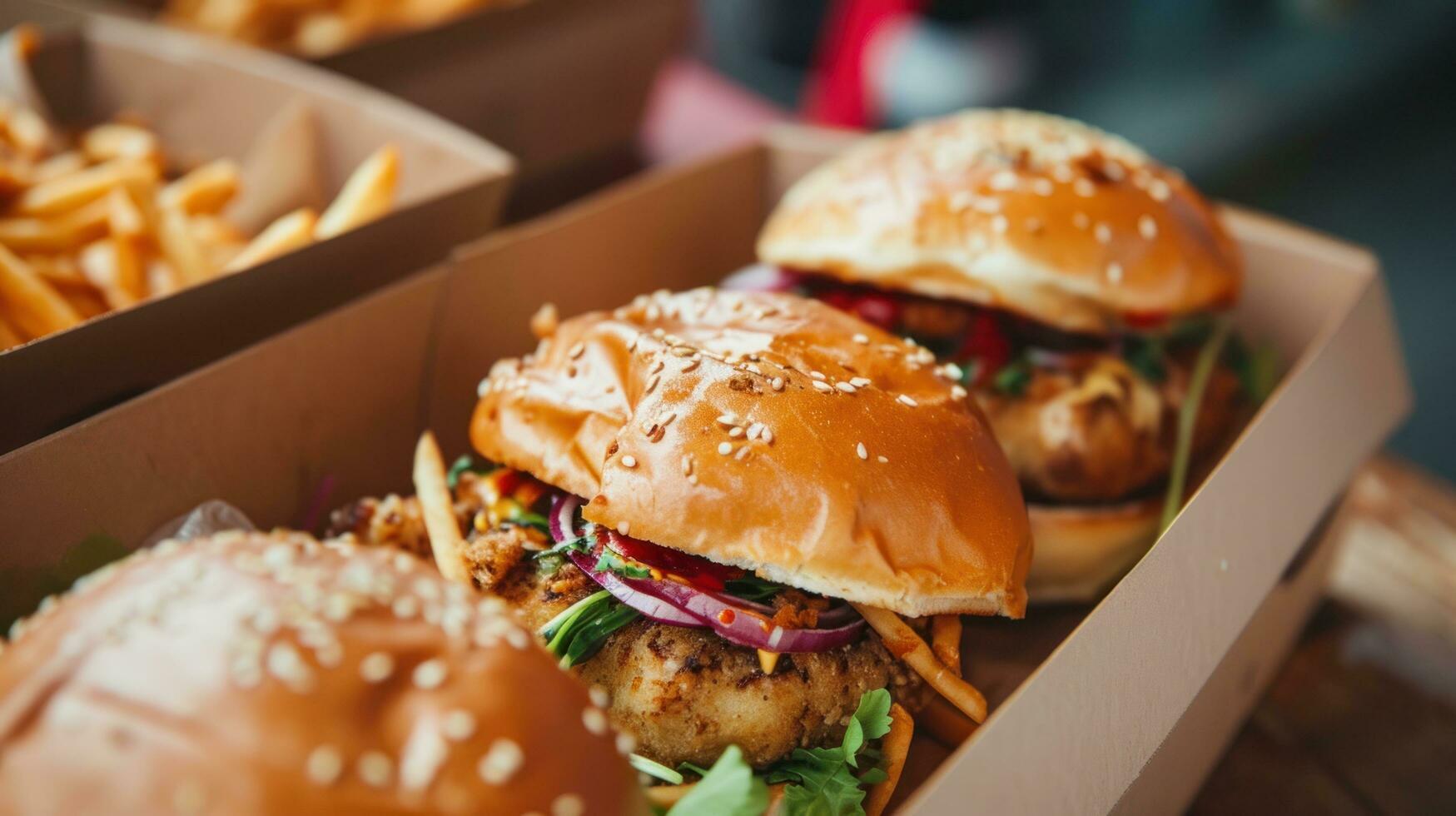 AI generated Street food. Meat cutlet burgers are in paper boxes photo