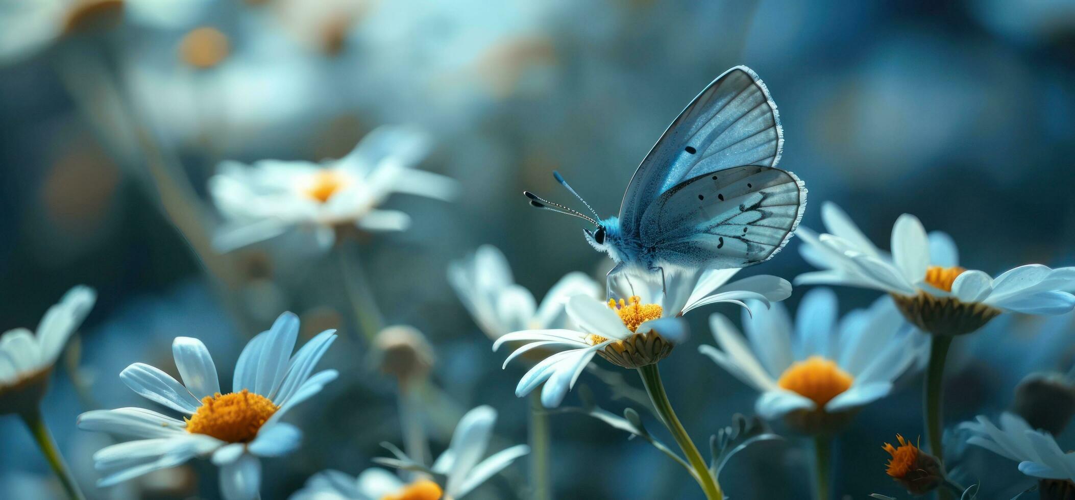 AI generated this image shows a blue butterfly with some daisies photo