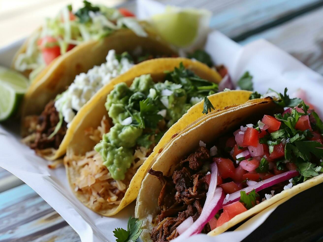 AI generated three tacos are served on a white table photo