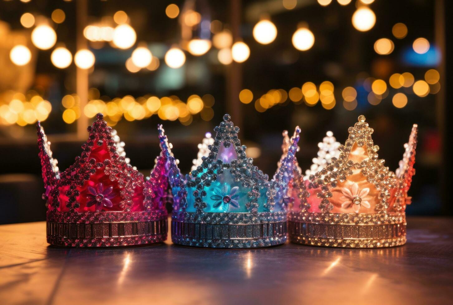 AI generated 3 colourful glittery crowns sitting on top of a table photo