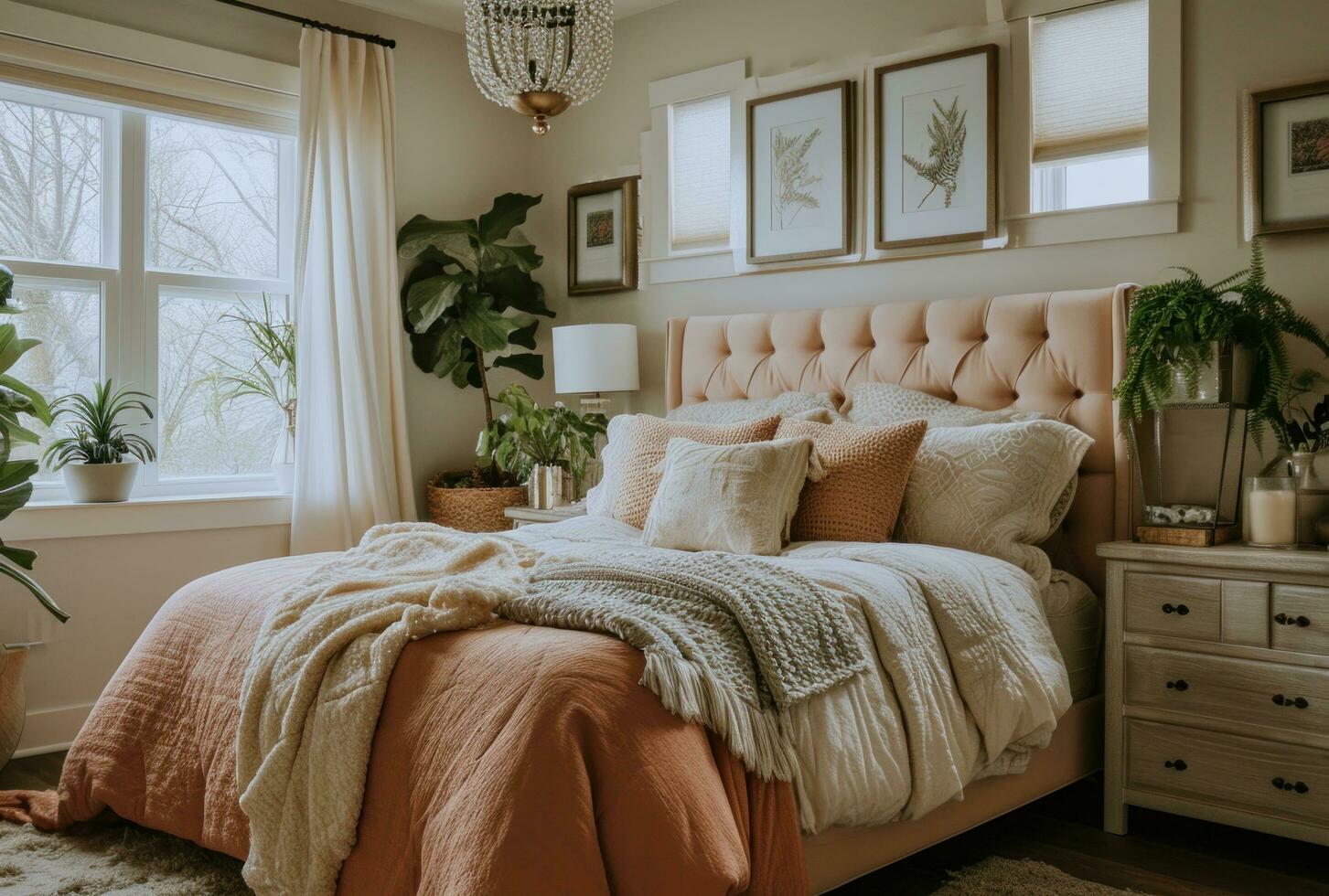 ai generado un dormitorio en un neutral color esquema con un rosado cama foto