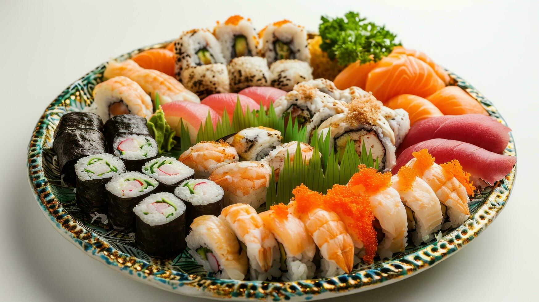 AI generated Assorted sushi rolls and sashimi on a platter photo