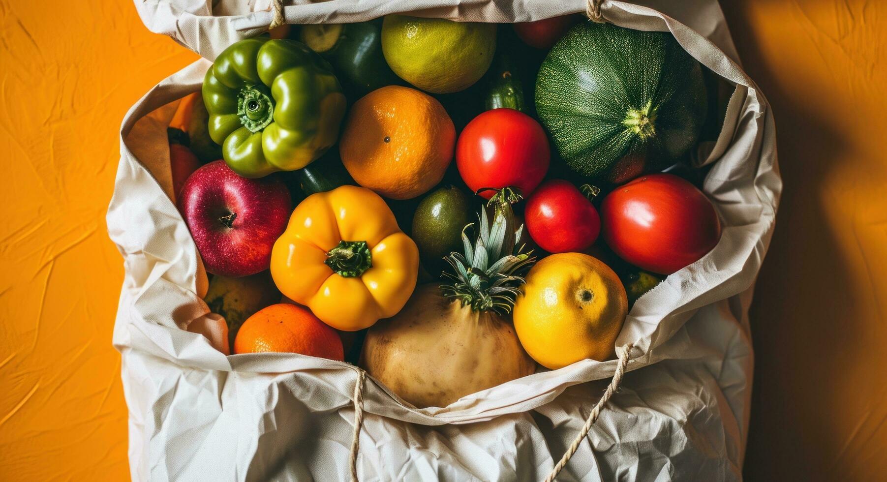 AI generated white paper bag with fruits and vegetables photo