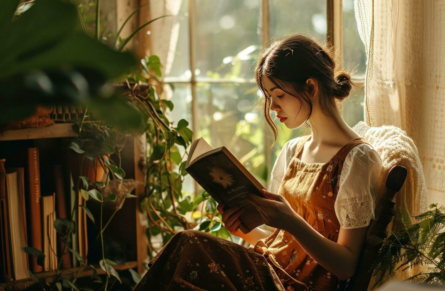 ai generado el niña sentado en un silla y leyendo un libro foto