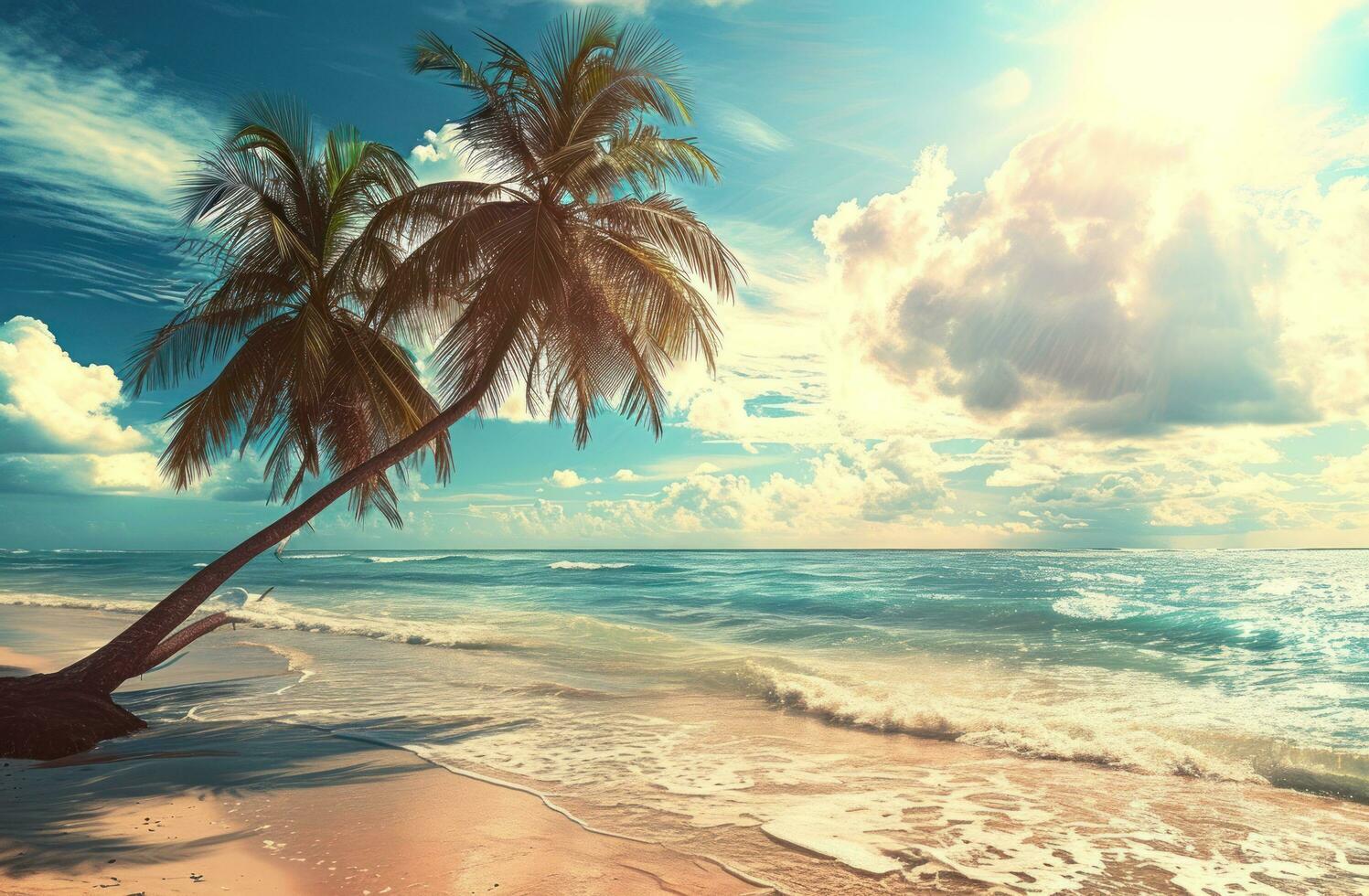 AI generated a picture of a beach with palm trees and the sun out photo