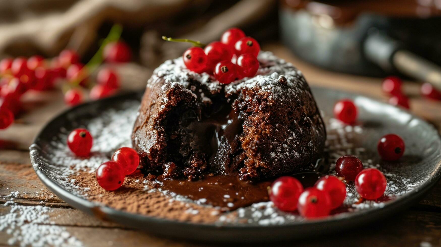 AI generated Warm Chocolate Lava Cake with Bite Taken Out of Molten Center photo