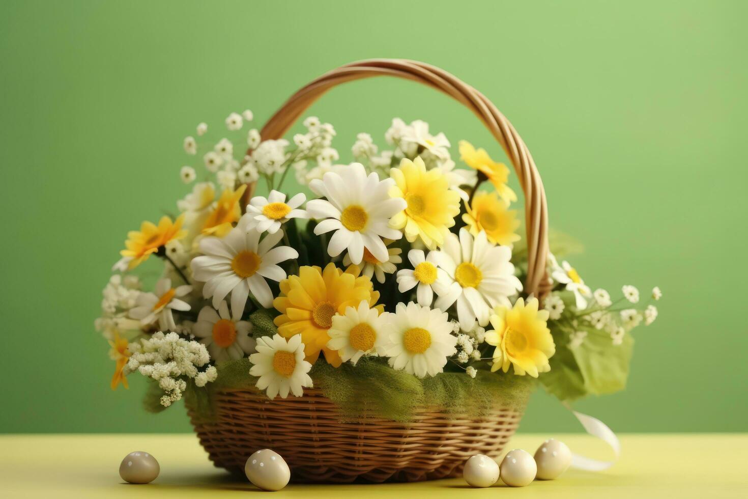 ai generado el cesta con huevos y flores con flores es decorado foto