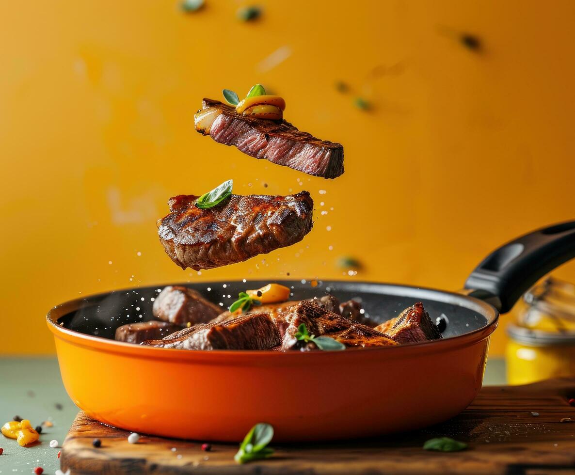 AI generated steaks are flying into an orange frying pot photo