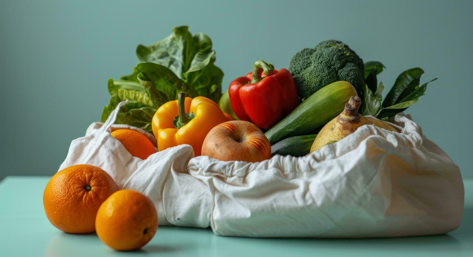 ai generado blanco papel bolso con frutas y vegetales foto