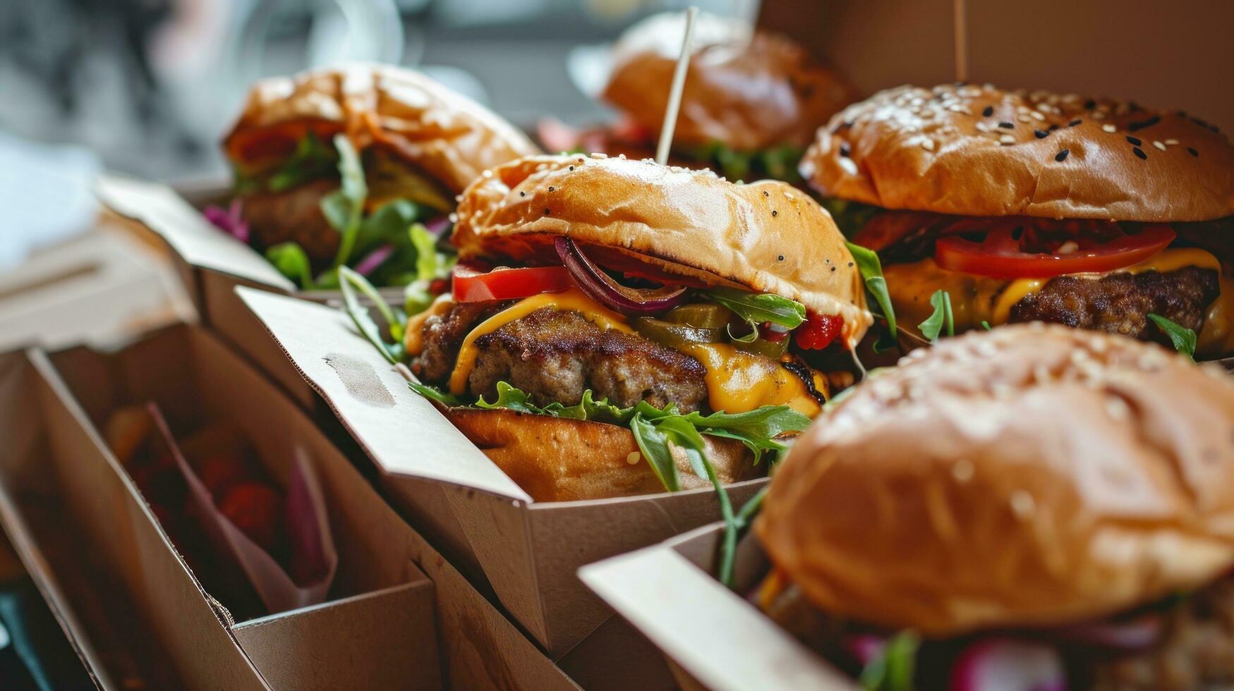 AI generated Street food. Meat cutlet burgers are in paper boxes photo