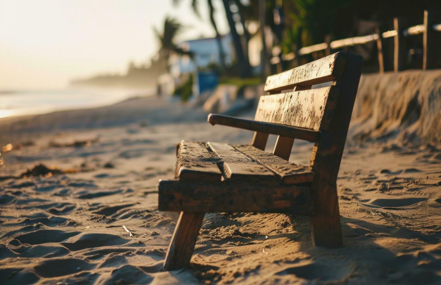 AI generated wooden seat on sand at the beach photo