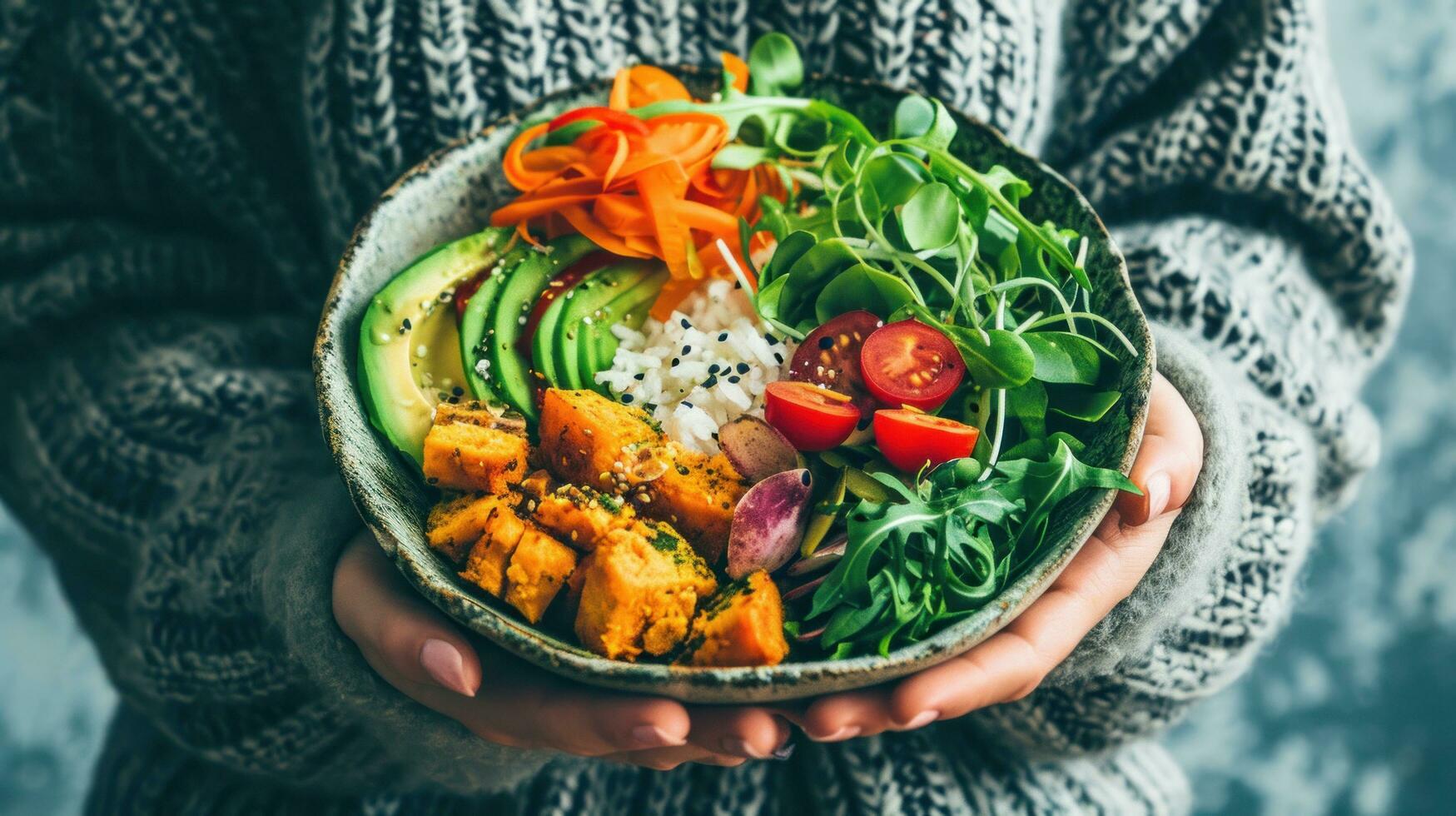 ai generado mujer participación plato con vegano o vegetariano comida foto