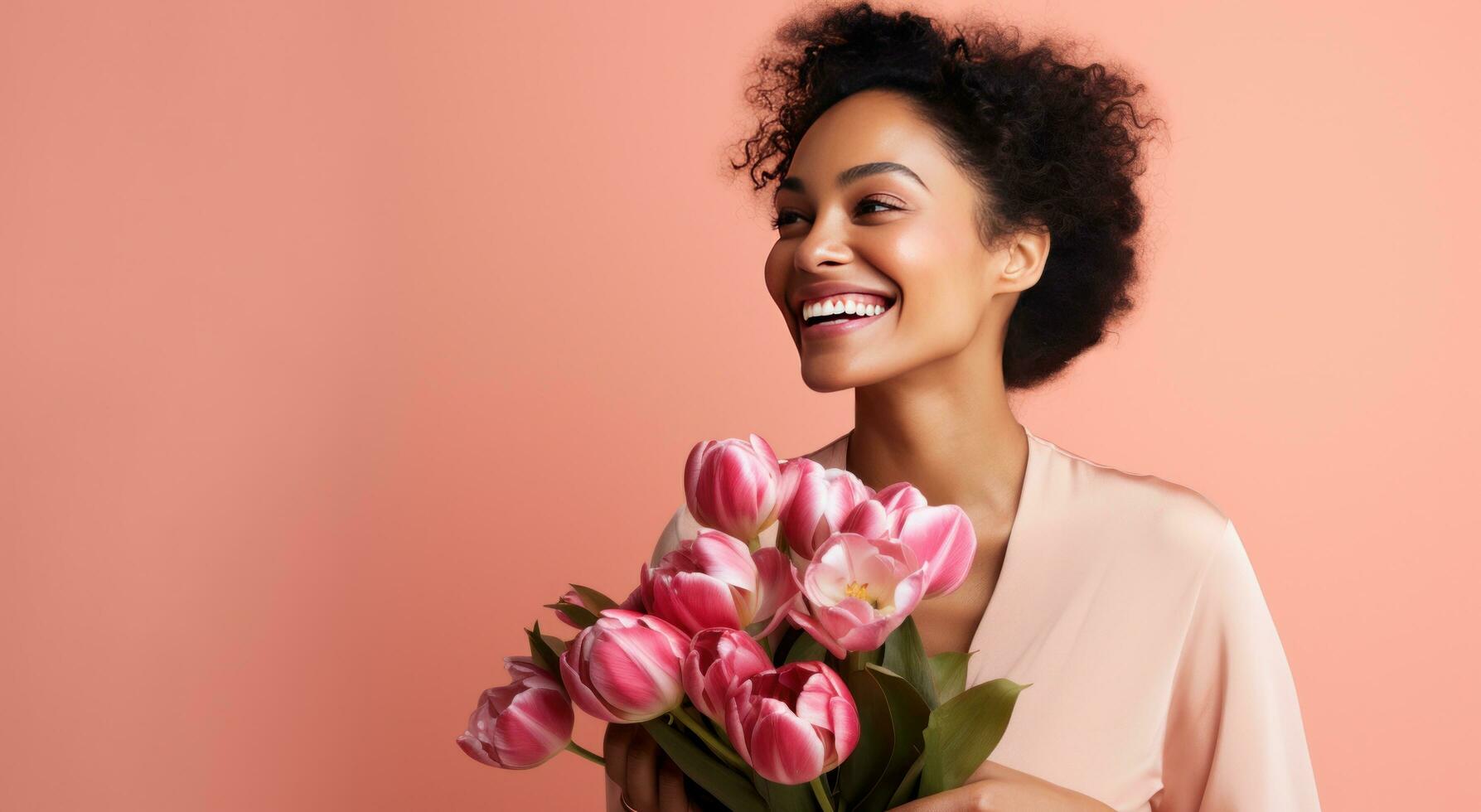 ai generado mujer participación ramo de flores de tulipanes foto