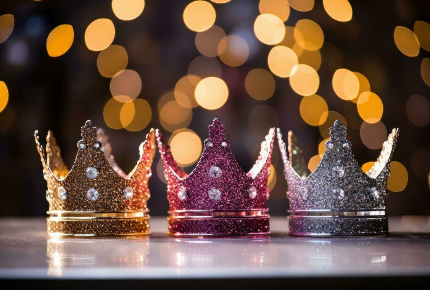 AI generated 3 colourful glittery crowns sitting on top of a table photo