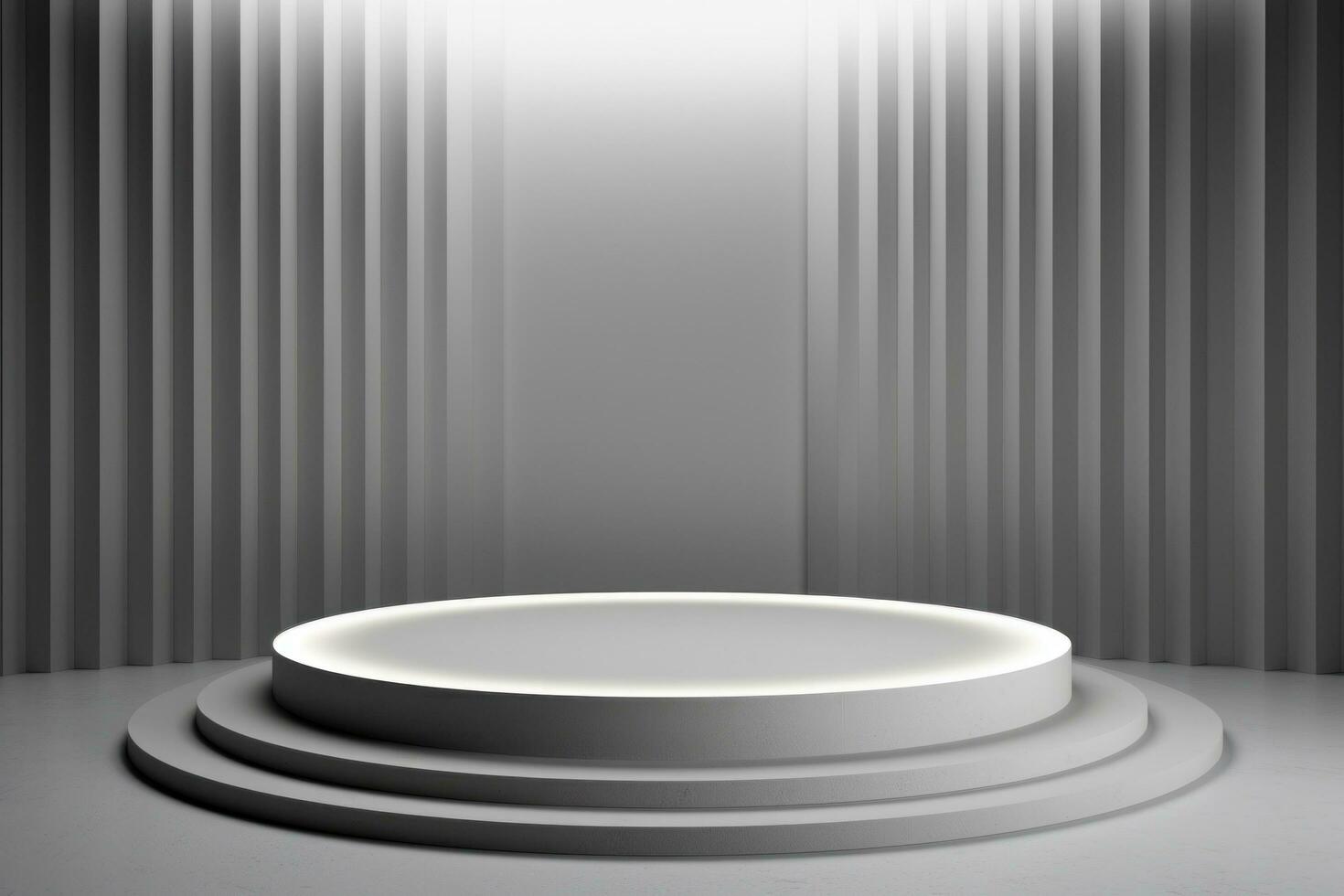 AI generated stage with a circular podium with a light bulb in place photo