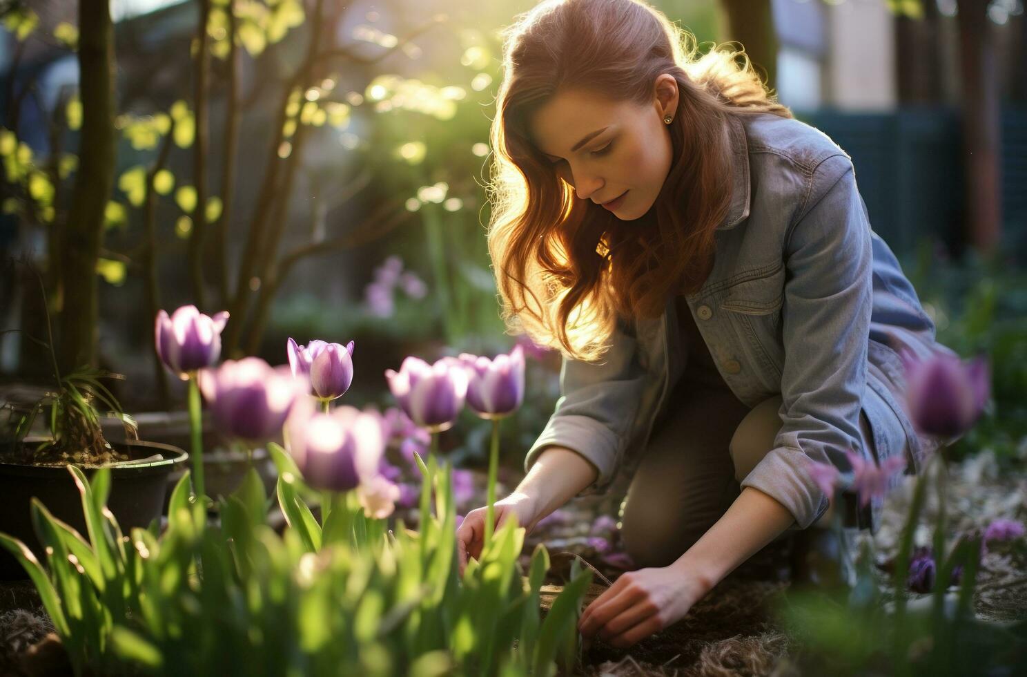 AI generated woman with gardening gloves sitting in garden and watering photo