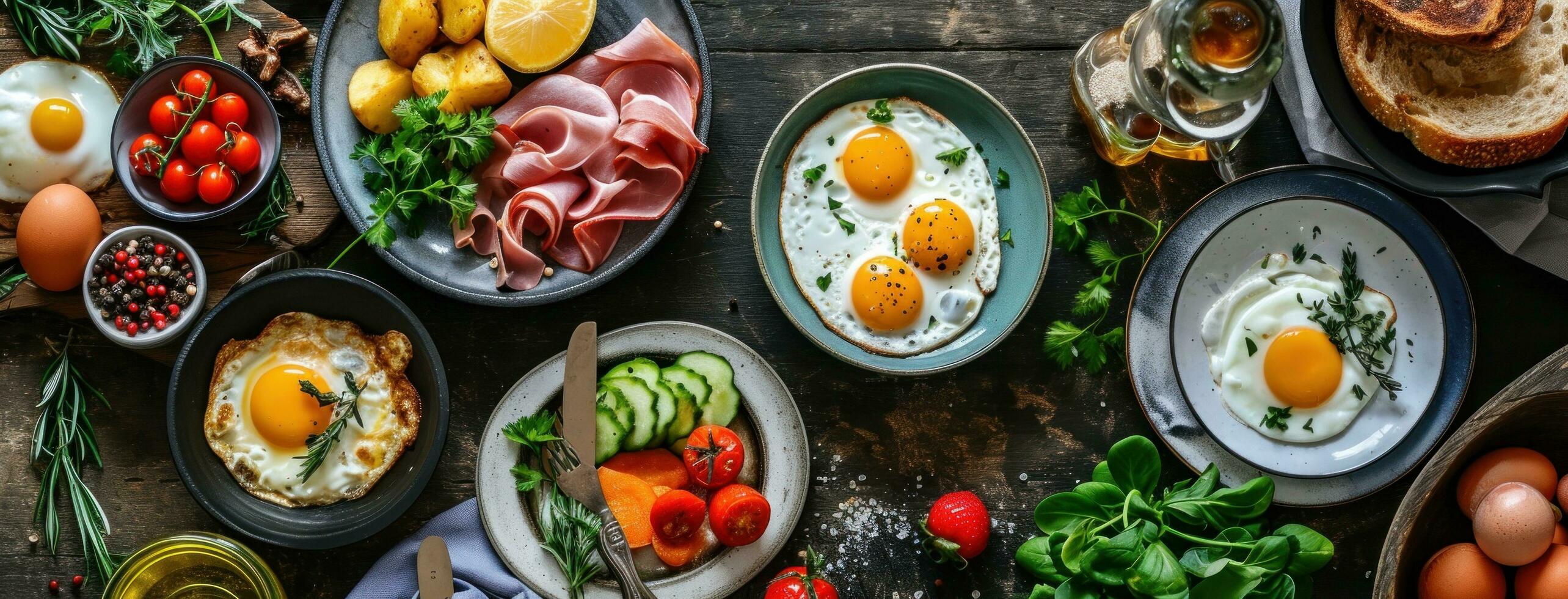 AI generated a bunch of plates lay out with eggs, potatoes photo