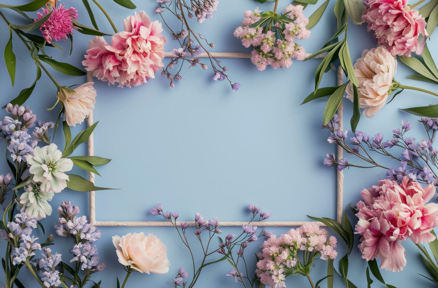 ai generado un marco de papel rodeado por flores y flores foto