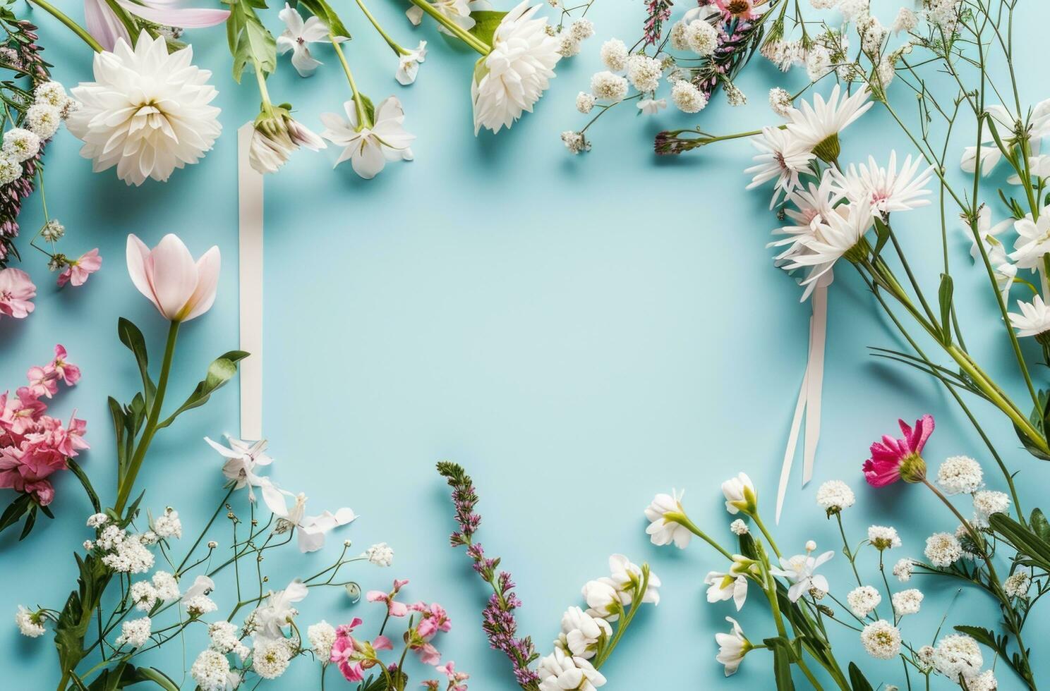 AI generated a frame of paper surrounded by flowers and flowers photo