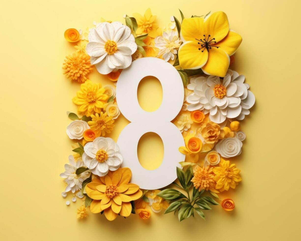 ai generado un número ocho en amarillo flores detrás eso foto