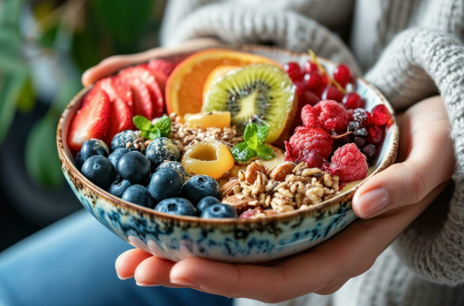 AI generated a person holding up a bowl with fruit and nuts photo