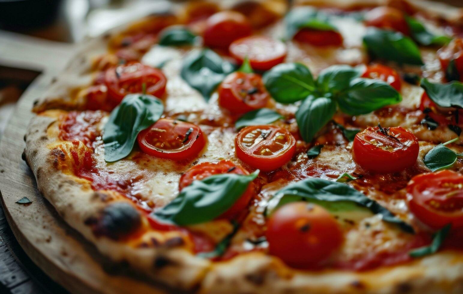 AI generated a large pizza with tomatoes and basil on it photo