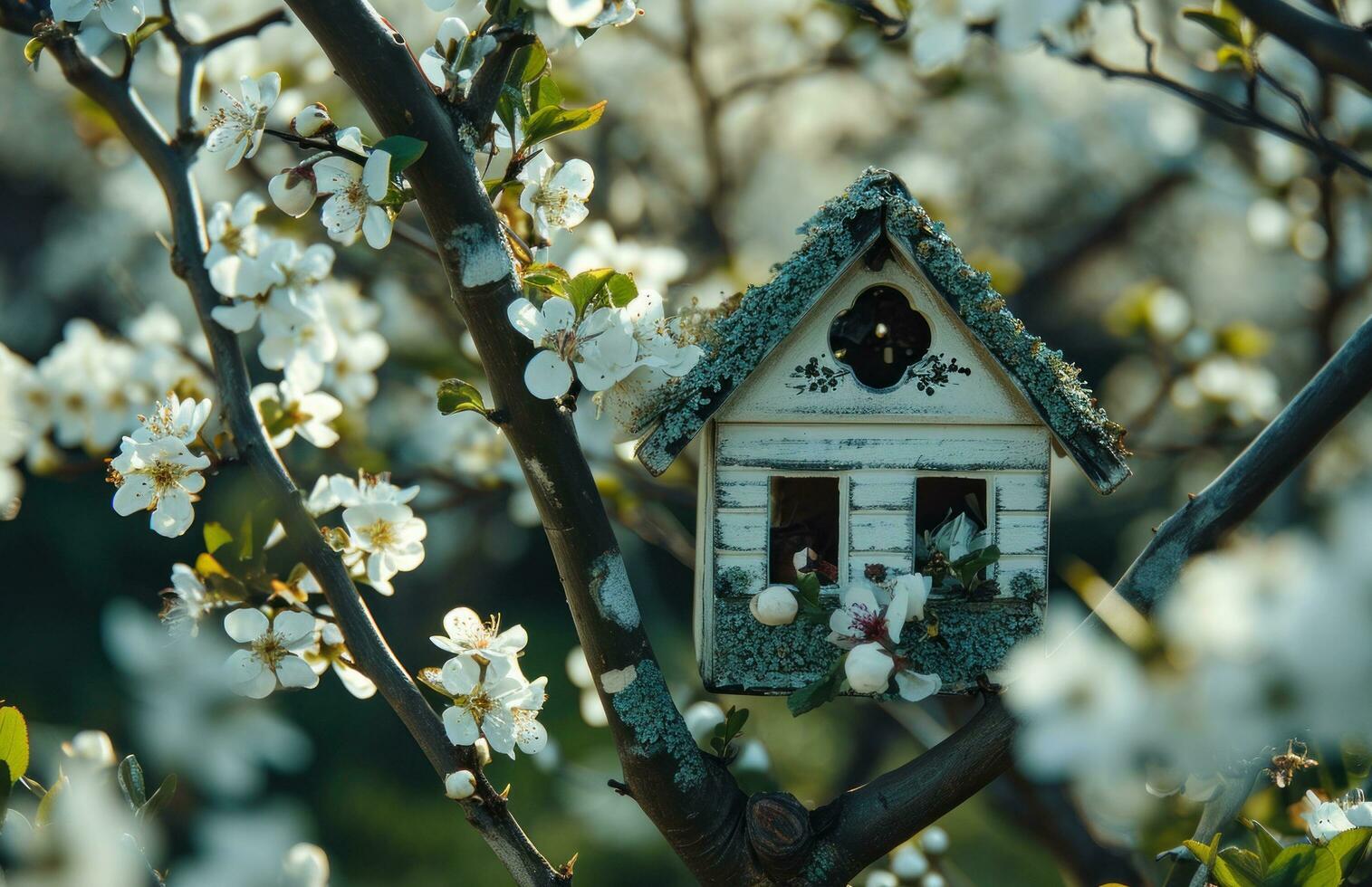AI generated a little house house rests on a blossoming tree photo