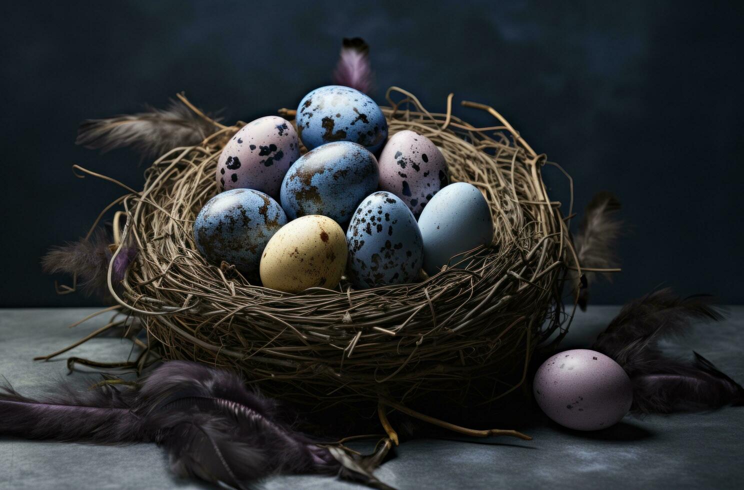 AI generated a nest full of easter eggs on a grey background photo