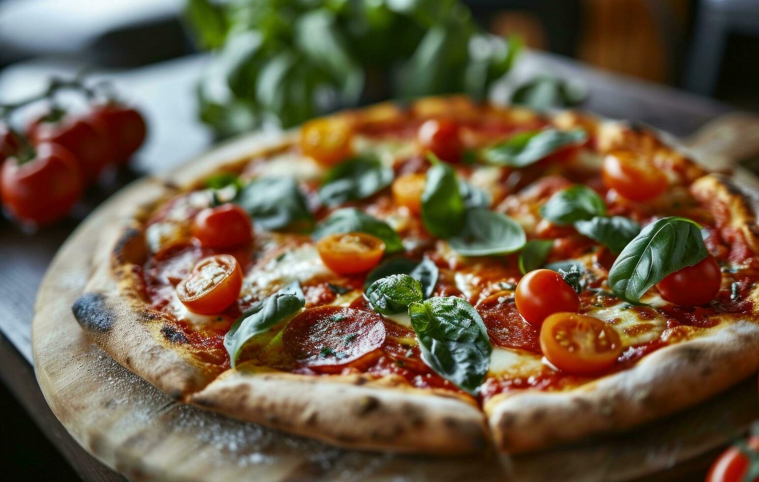 AI generated a large pizza with tomatoes and basil on it photo