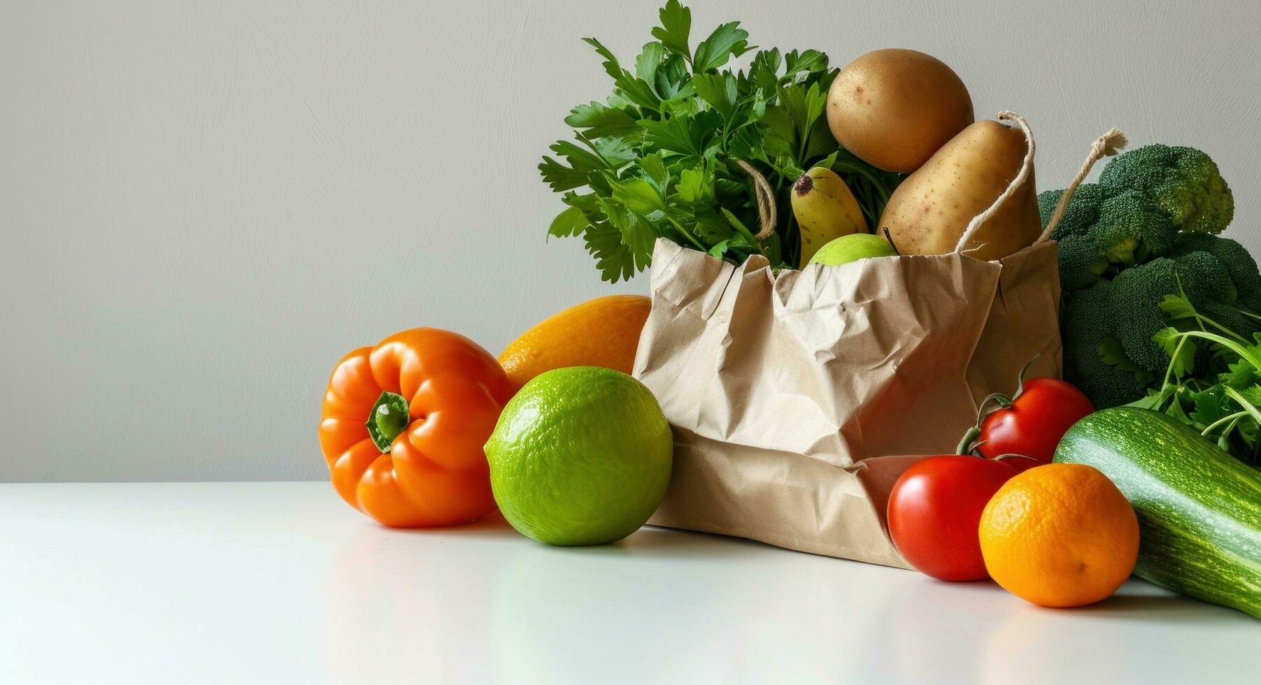 AI generated a paper bag stuffed with fruit and vegetables on a white surface photo