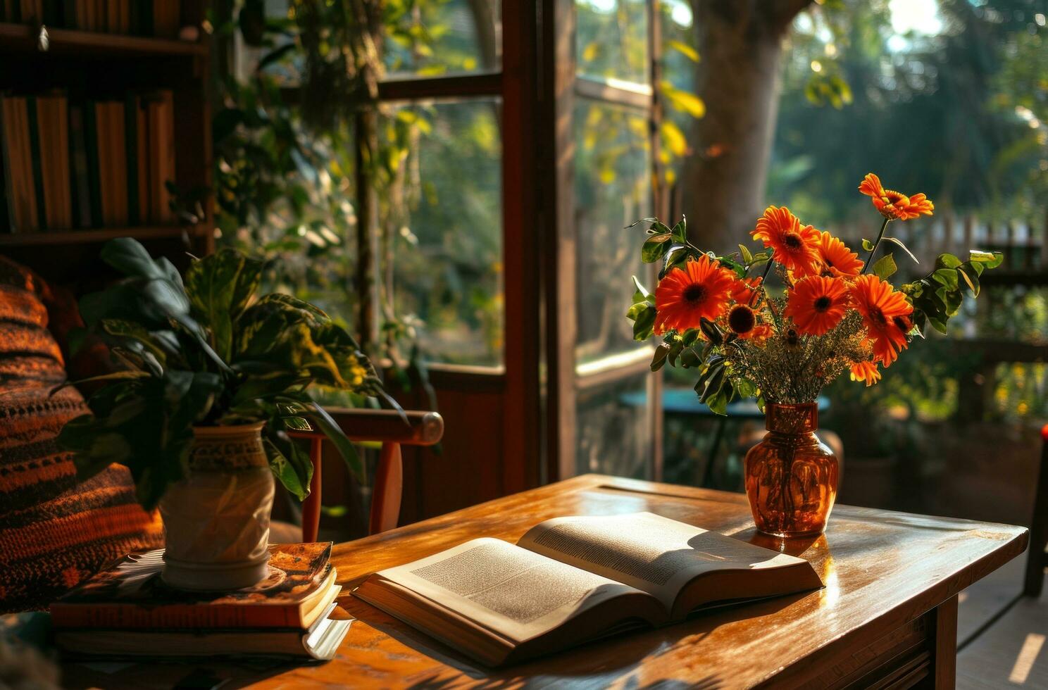 AI generated a living room with a patio and an open book and flower vase photo