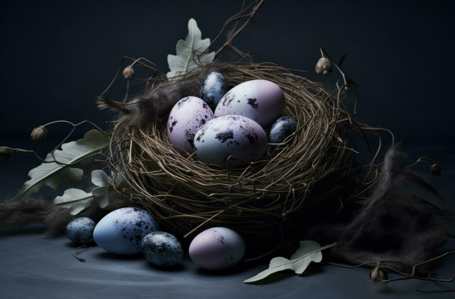 AI generated a nest full of easter eggs on a grey background photo