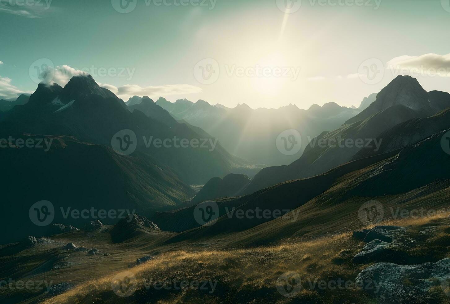 AI generated A sun shining over a mountain range under blue sky photo