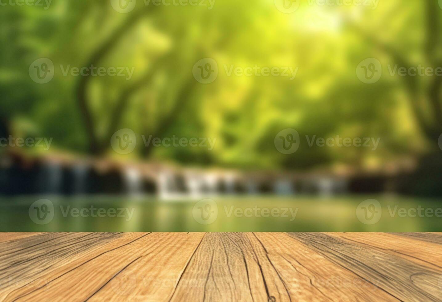 AI generated Wooden table top with natural green background of blurred lake photo