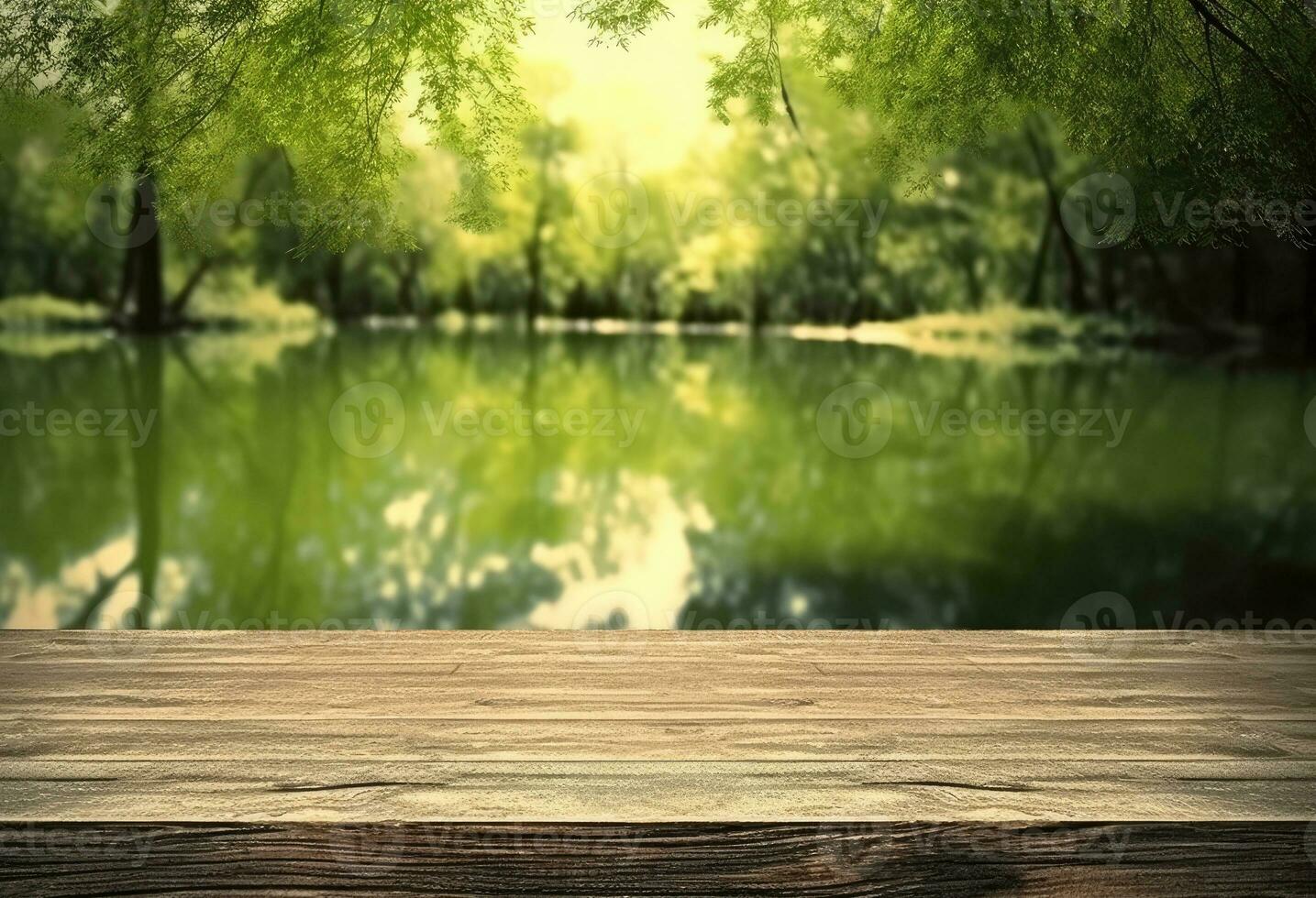 AI generated Wooden table top with natural green background of blurred lake photo