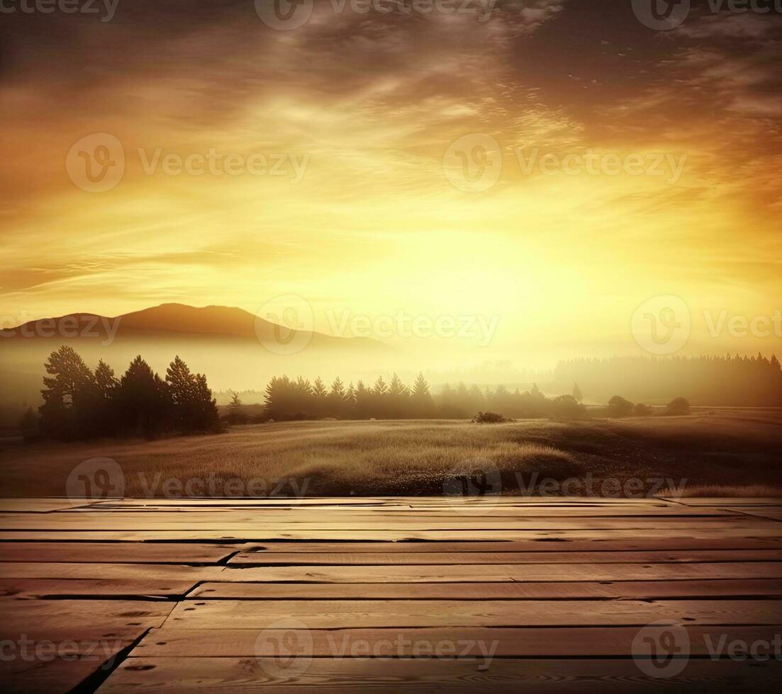 AI generated empty vintage table for product display montage with golden sunrise over misty hills photo