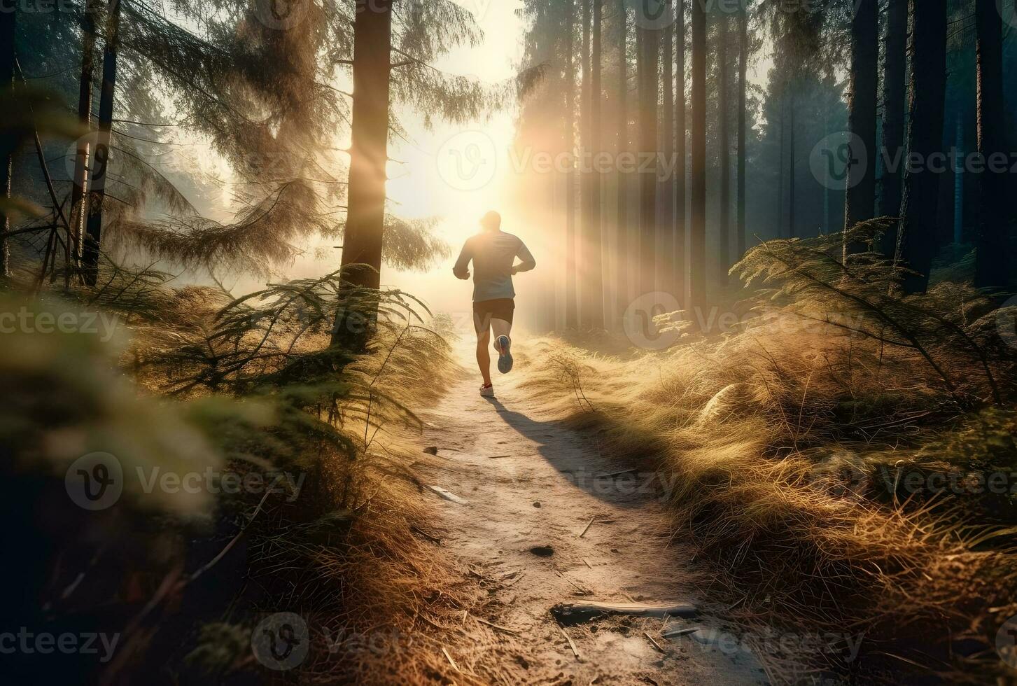 AI generated A person running on a trail on a sunny morning in the forest. photo