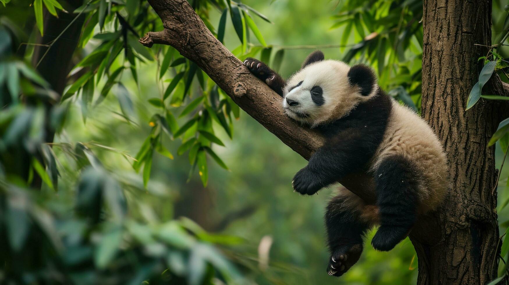 AI generated A baby panda napping on a tree branch photo