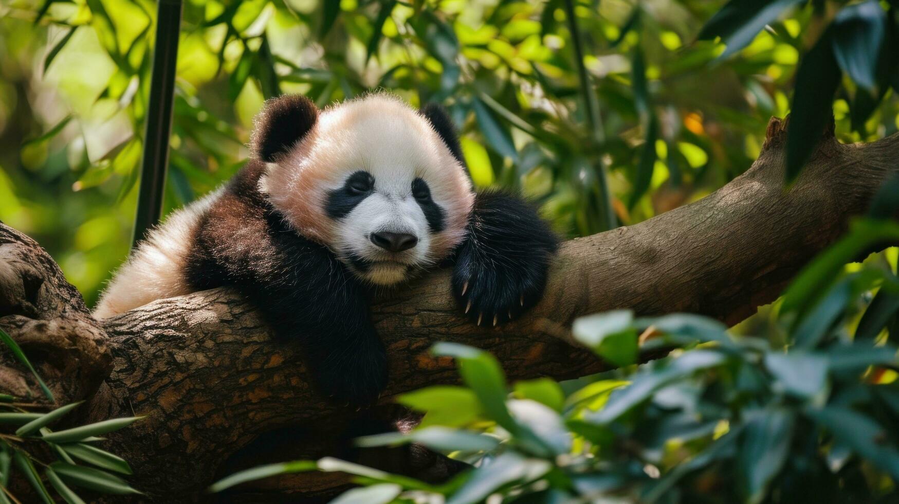 ai generado un bebé panda siesta en un árbol rama foto