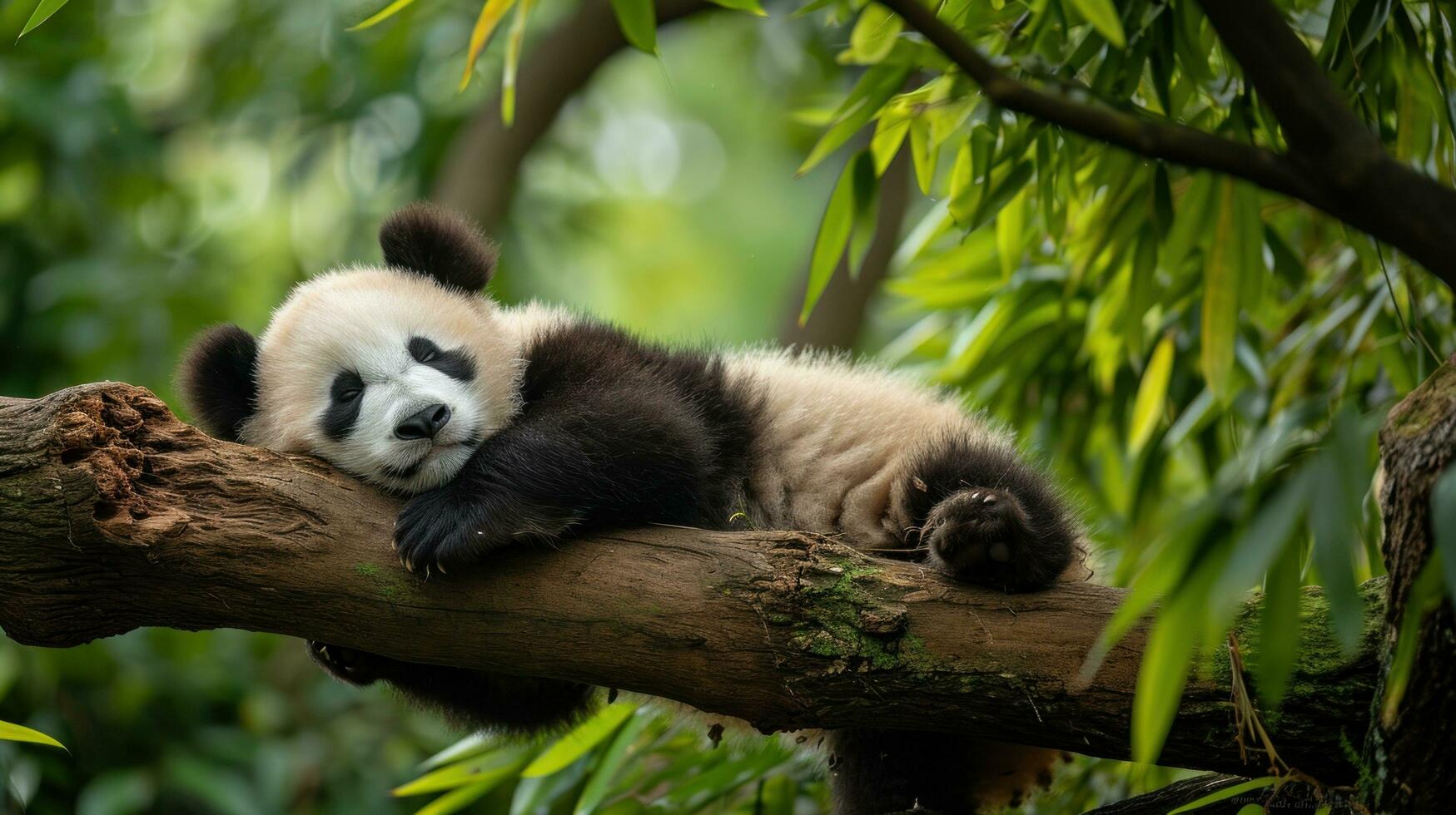 AI generated A baby panda napping on a tree branch photo