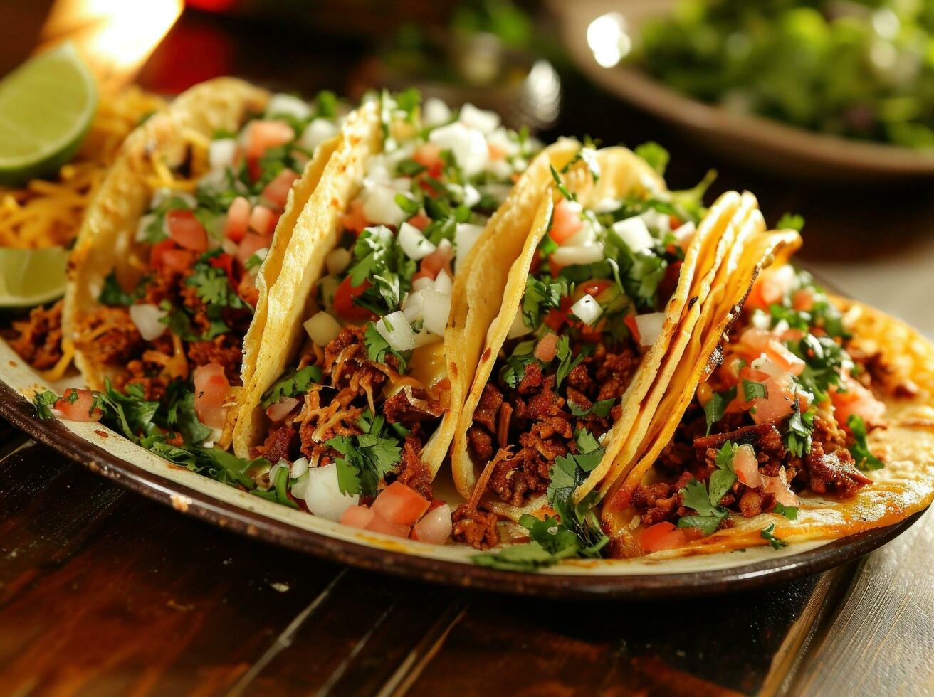 AI generated a large plate of tacos sits on a wooden table photo
