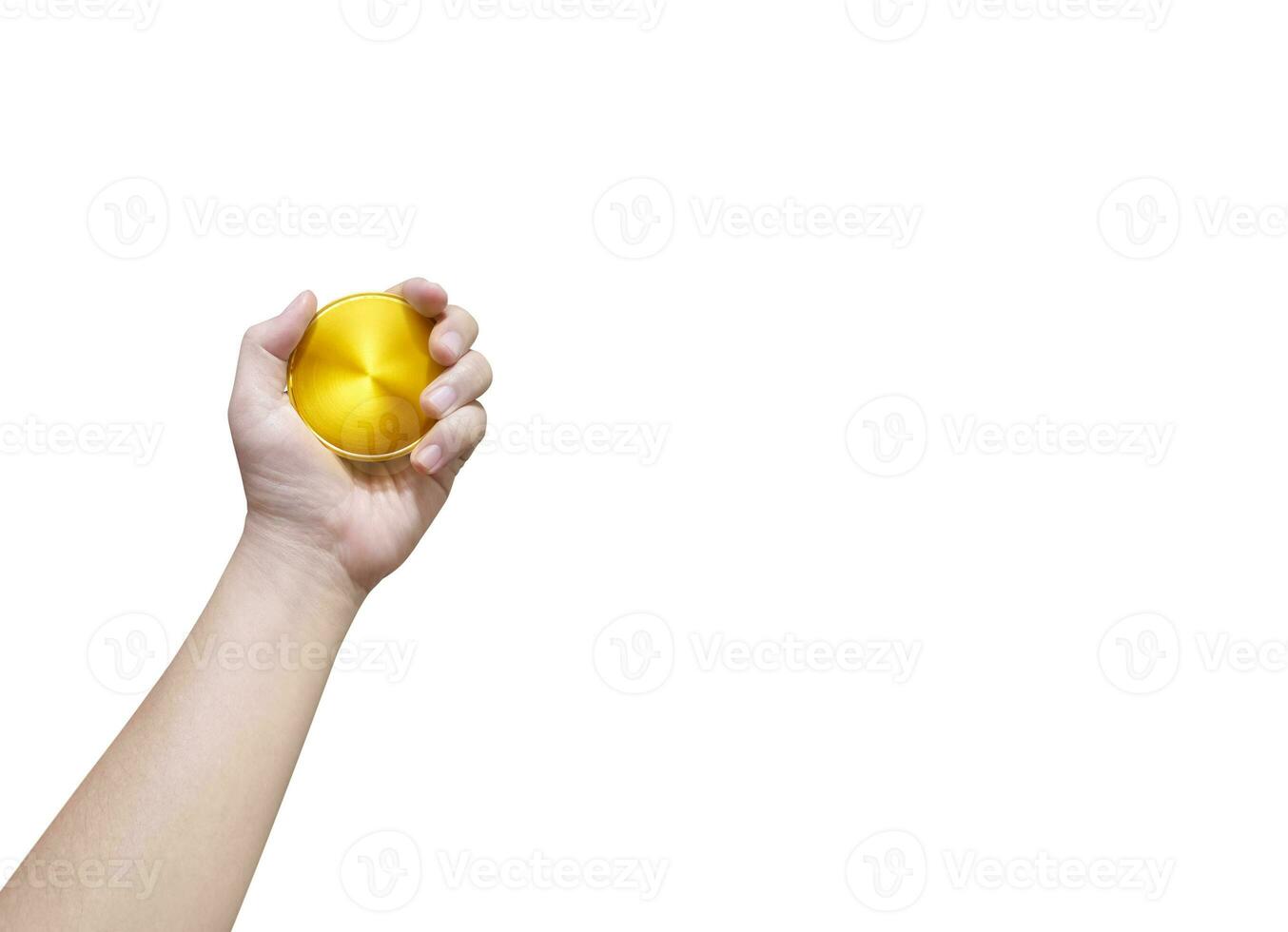 Holding gold medal on white background  winner and success concept photo